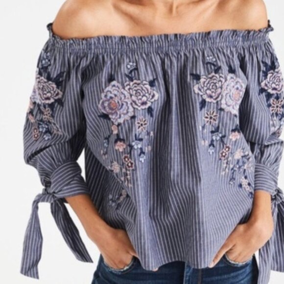 American Eagle Outfitters Chambray Striped‎ Embroidered Floral OTS Top - Picture 1 of 8